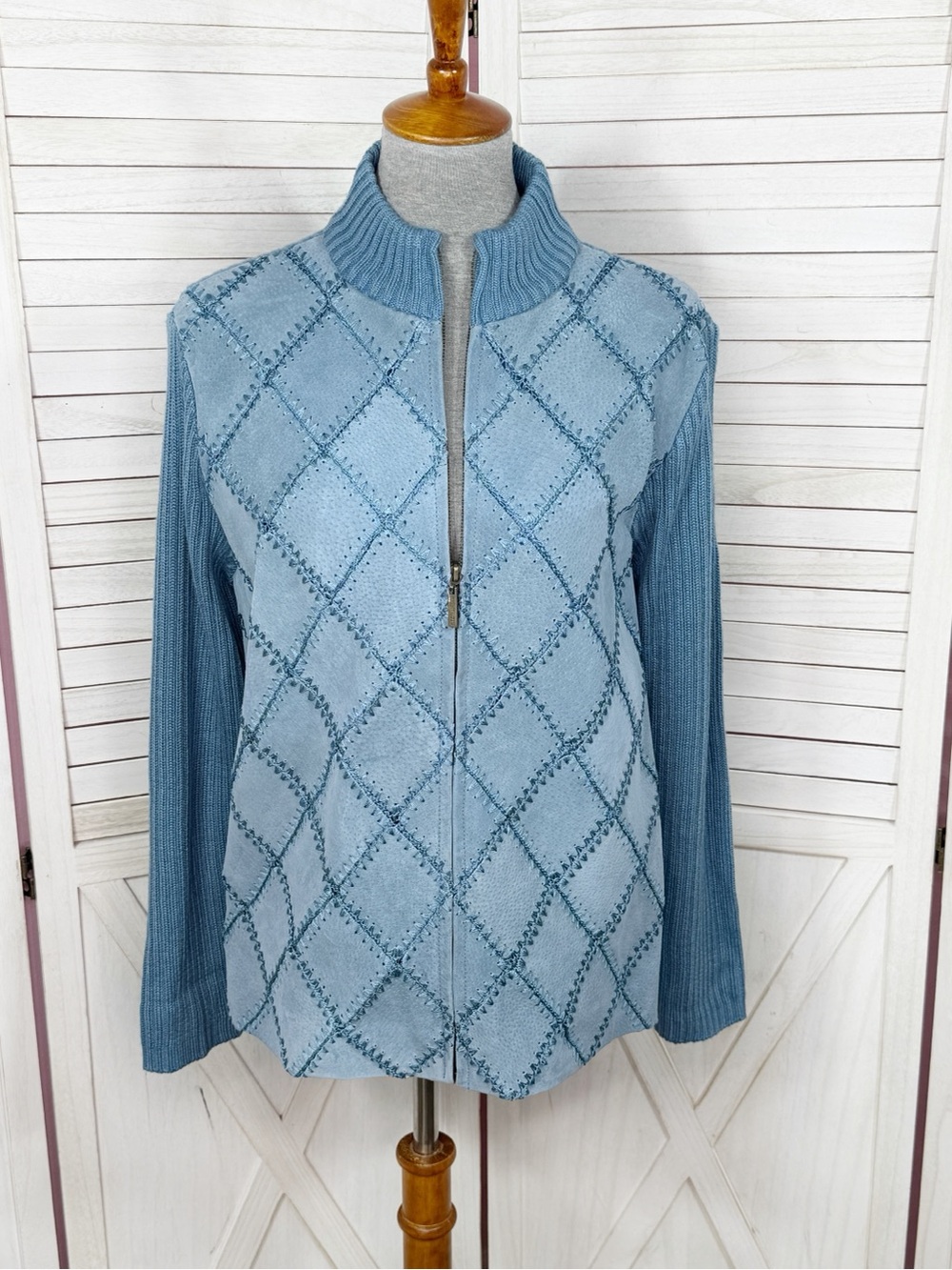 Vintage Robert Louis Suede Patchwork‎ Knit Full Zip Up Sweater Jacket Blue Large